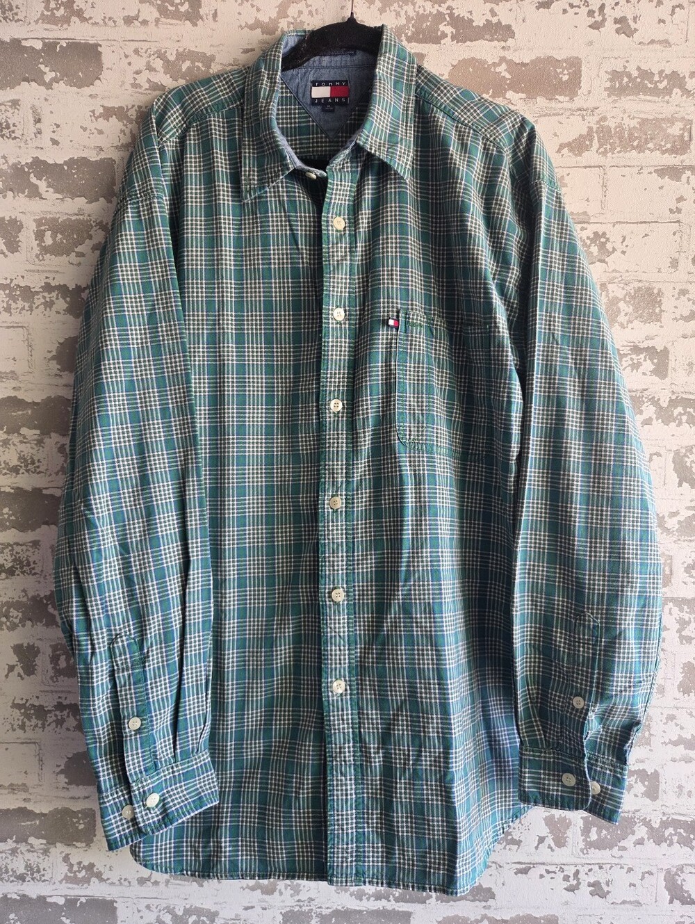 VTG Tommy Jeans Mens XL Green Plaid Long Sleeve Button Down Shirt